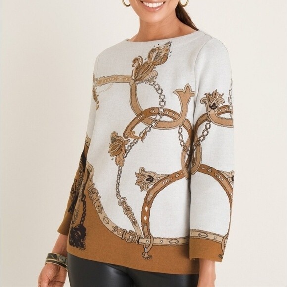 Chico's Classic Chain Belt and Floral Motif Bateau Neck Pullover Sweater Sz M - Picture 1 of 14